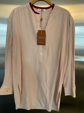 LORO PIANA Tunic White and Burgundy Striped Silk- flaw (Size 36)